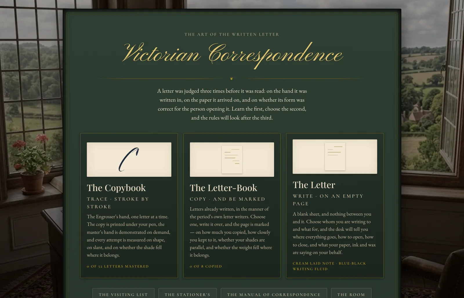 The desk: three cards — the Copybook, the Letter-Book and the Letter — on green leather, with a view out of a sash window behind.