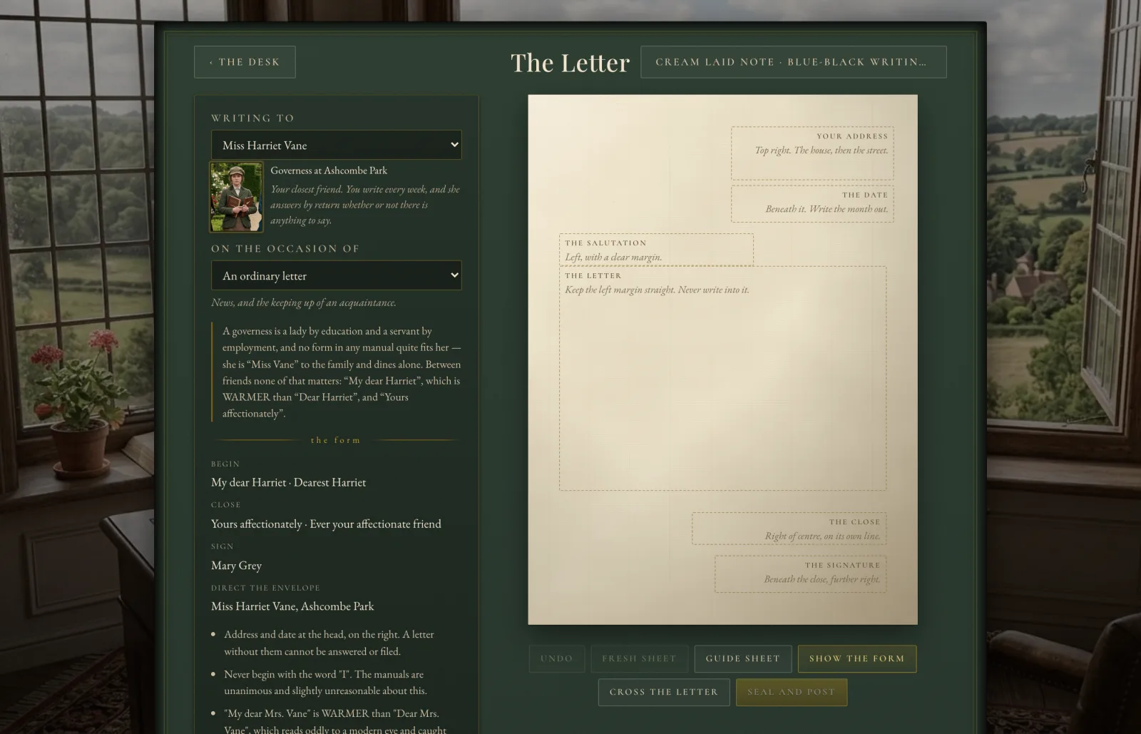 The Letter: a cream laid sheet with dotted boxes showing where the address, date, salutation, close and signature belong, beside a panel of the form for writing to a governess.