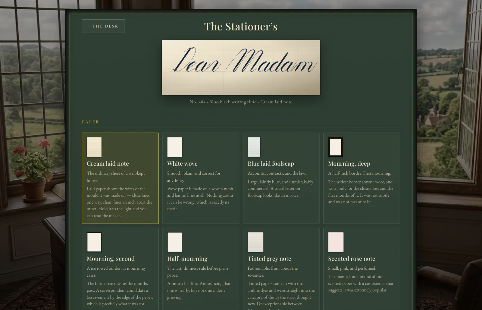 The Stationer's: papers, pens, inks and sealing waxes, each shown with a sample written in it.